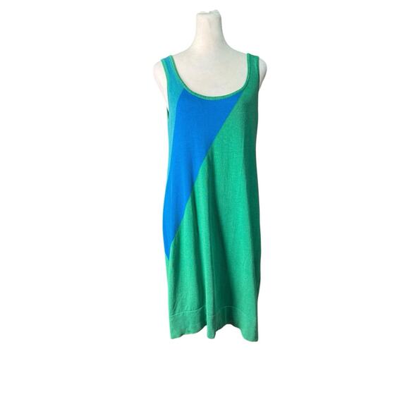 Theory Womens Medium Silk Blend Sleeveless Color Block Knit Shift Dress Green - Picture 1 of 10